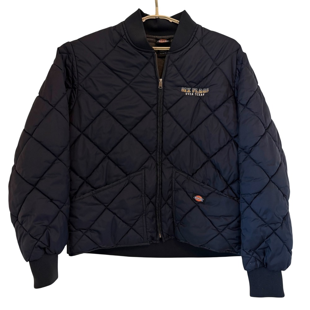 Dickies XL Black Diamond Quilted Puffer Bomber Jacket Six Flags Over Texas Zip